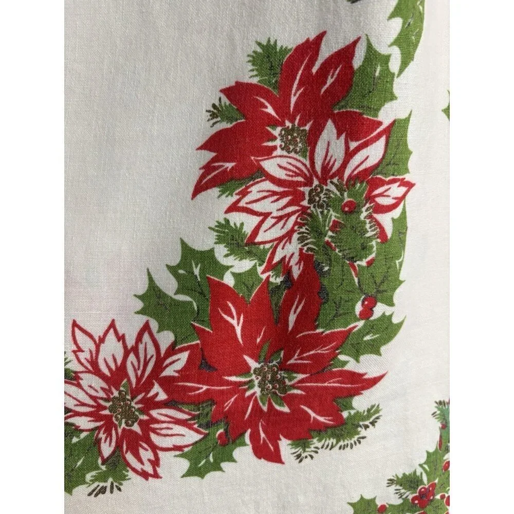 Vintage‎ Christmas Holly Candle Poinsettia Holly Tablecloth White Red Rectangle